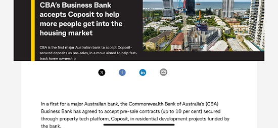 一万元定金即可锁定新房购买 澳联邦银行CBA与房产技术平台Coposit合作缓解房产投资人入市压力