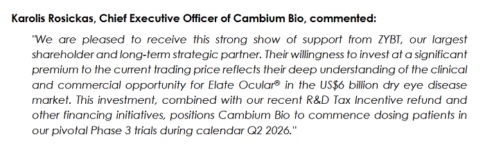 【异动股】Cambium Bio (ASX:CMB)获主要股东增资240万澳元 推动干眼病治疗药Elate Ocular III期临试 